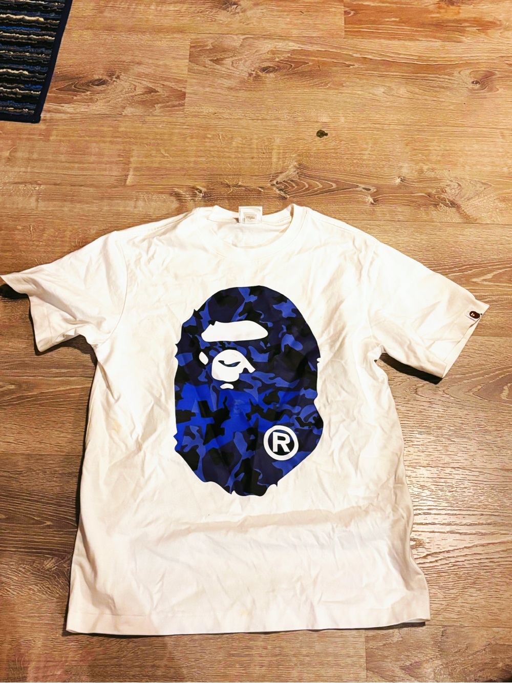 Bape White Short-Sleeve Tee with Blue Camo Ape Head